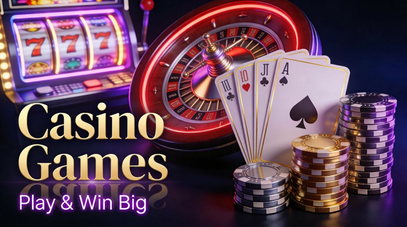 Casino games hero banner with neon slot machines, poker chips, playing cards, and roulette on a dark background