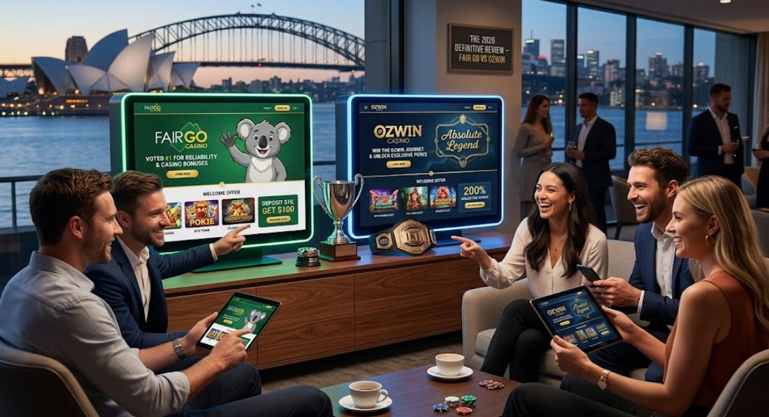A detailed graphic comparison of Fair Go and Ozwin Casinos featuring a group of friends interacting with the interfaces on various digital screens.