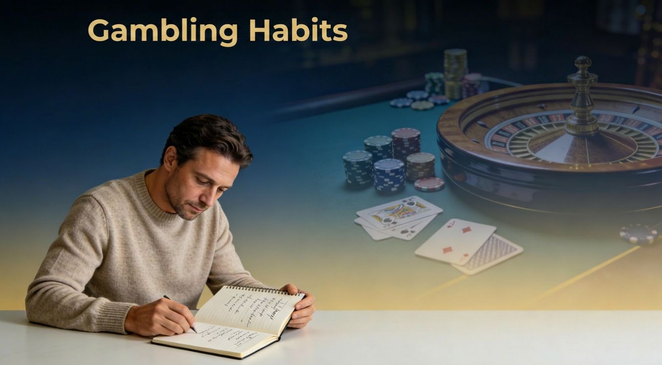 Responsible gambling habits banner with a person reviewing a budget notebook and subtle casino symbols on a calm dark background