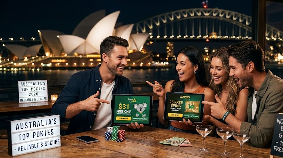 A photograph of four friends at a rooftop bar overlooking the Sydney Opera House at night, pointing at two tablets displaying no deposit casino bonuses from Fair Go Casino and Ozwin Casino, including a '$31 Free Chip' and '25 Free Spins' offer.