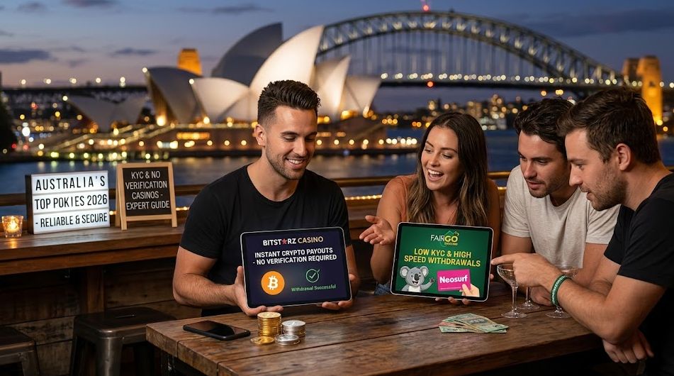A candid, wide-angle photograph of four diverse friends laughing at a Sydney rooftop bar at night, pointing to tablets showing "Instant Crypto Payouts - No Verification Required" at Bitstarz Casino and "High Speed Withdrawals" at Fair Go Casino. The background features the blurred but recognizable Sydney Opera House and Harbour Bridge.