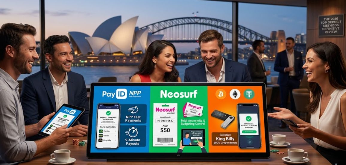 Top 3 Australian casino deposit methods for 2026: A digital comparison of PayID NPP fast payments, Neosurf vouchers for privacy, and King Billy crypto bonuses, shown on a mobile interface with the Sydney Harbour background.