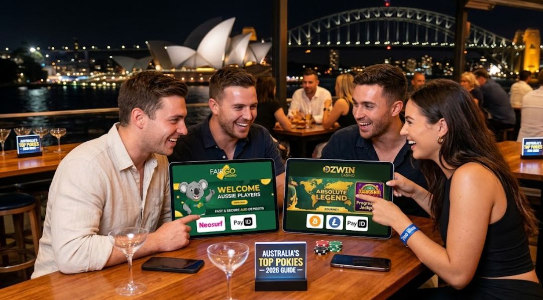 A candid photograph of four friends laughing and pointing at two tablet screens displaying the Fair Go and Ozwin Casino interfaces in a Sydney rooftop bar at night. The screens highlight the 2026 Top Pokies guide and various AUD payment options.