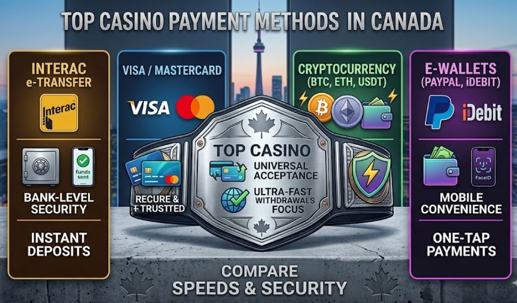 An infographic detailing the top casino payment methods in Canada for 2026, comparing Interac e-Transfer, Visa, Mastercard, Cryptocurrency (Bitcoin, Ethereum, USDT), and E-wallets (PayPal, iDebit) with details on speed and security, set against a Toronto skyline background.
