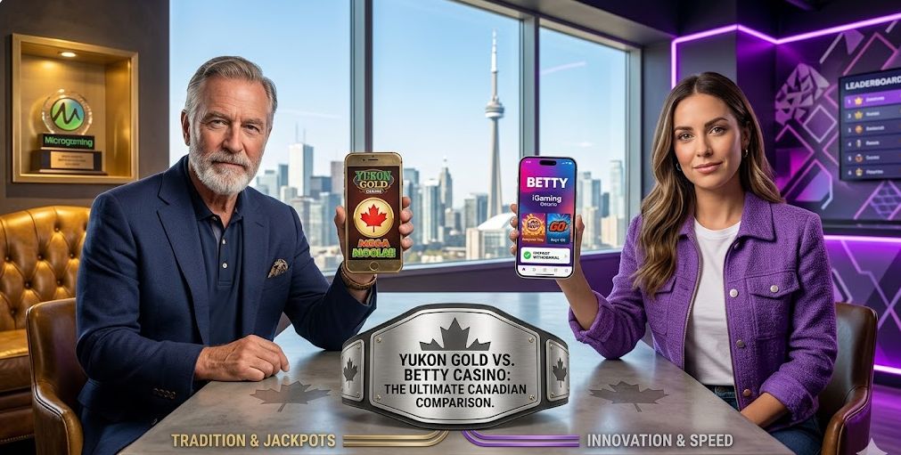 A side-by-side comparison of Yukon Gold Casino and Betty Casino apps held by experts, featuring the Toronto skyline and a championship belt titled The Ultimate Canadian Comparison.