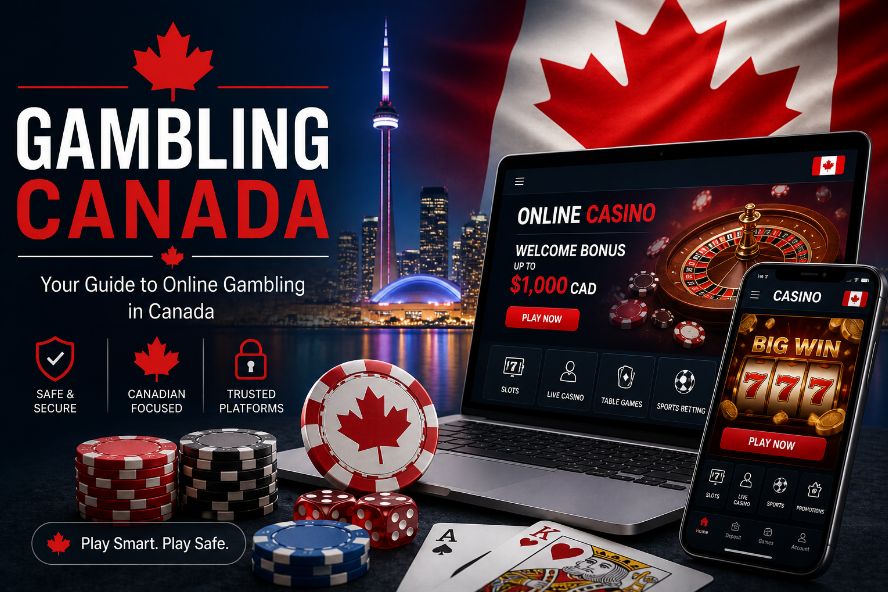 Online gambling Canada banner with maple leaf, casino chips, laptop and mobile casino platform, Toronto skyline background