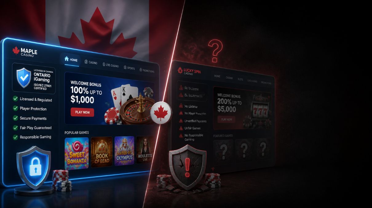 Licensed vs unlicensed online casinos banner showing secure licensed interface with shield and checkmarks versus risky unlicensed screen with warning symbols for Canadian players