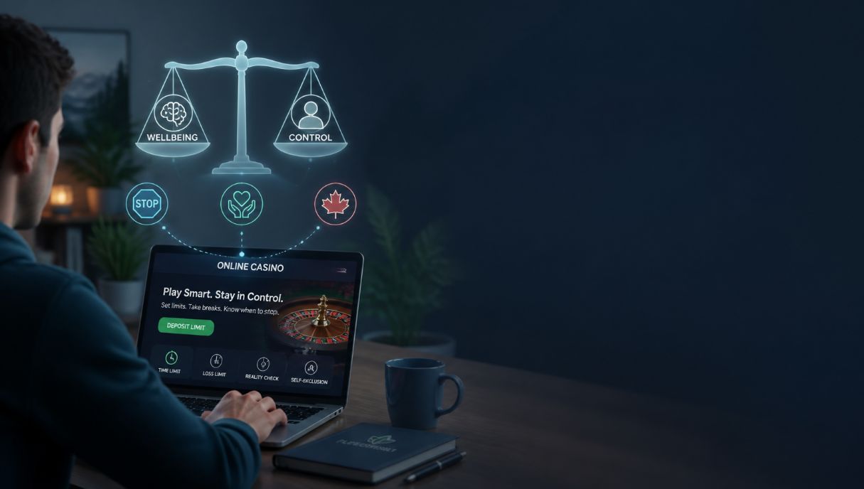 Responsible gambling banner showing Canadian player at laptop with balanced scales, mental health icons and a maple leaf symbol