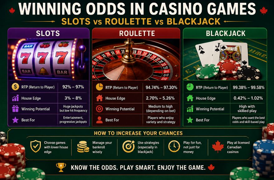 Infographic comparing winning odds in casino games including slots, roulette, and blackjack with RTP percentages, house edge statistics, and tips for Canadian casino players to improve winning chances.