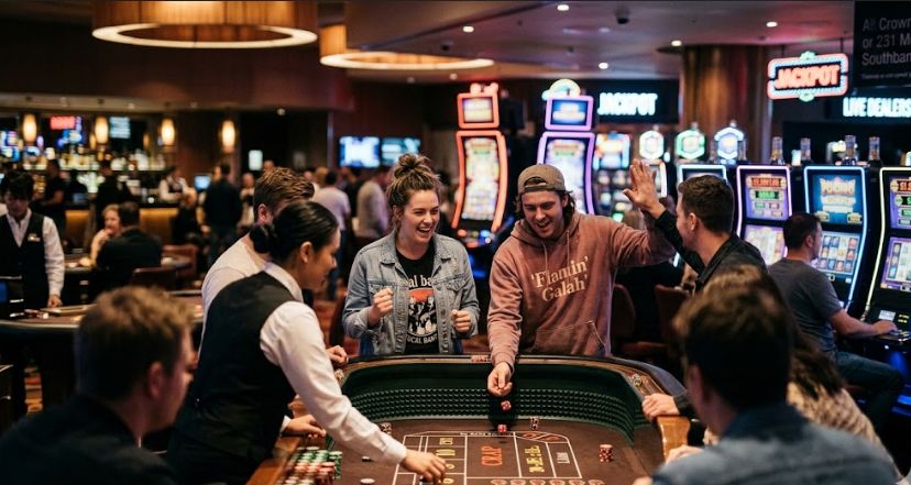 Young adults cheering around a real money casino table with pokie machines in the background at an Australian casino in Melbourne, with casual clothing and excited expressions.