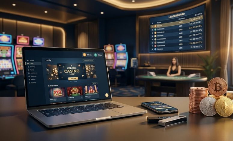 Online casino Australia laptop lobby showing Bitcoin USDT stablecoin payment options with slot machines and live dealer leaderboard in background