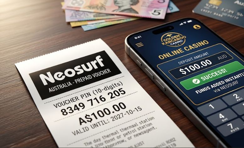 Australian Neosurf cash voucher receipt with 10-digit PIN next to a smartphone displaying an online casino deposit page showing successfully added funds