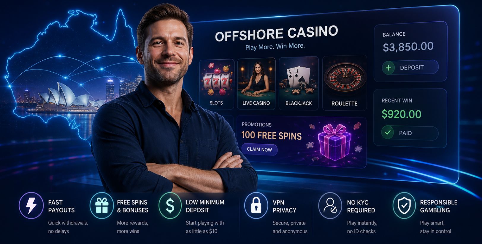 Aussie player standing beside an offshore online casino interface with Australian continent styling, highlighting free spins, fast payouts, low minimum deposits, VPN privacy, and no KYC options.