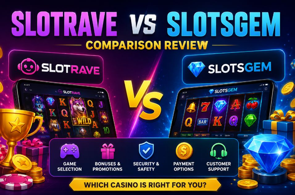 SlotRave vs SlotsGem comparison review banner featuring a side-by-side online casino comparison with slot machines, bonus icons, payment options, security features, customer support, and game selection.