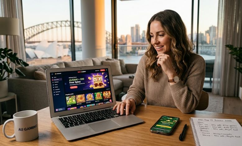 A woman reviews Australian online casinos on her laptop in a Sydney apartment overlooking the Harbour Bridge. The screen shows "Woo Casino" bonuses (AU$300 + 200 Free Spins) and top pokies. Her mobile phone and a notebook (titled "AU Top 10 Reviews 2026") compare sites like Fair Go and Bizzo, listing wagering requirements and PayID fast withdrawal times. An "AU GAMING" mug rests nearby.