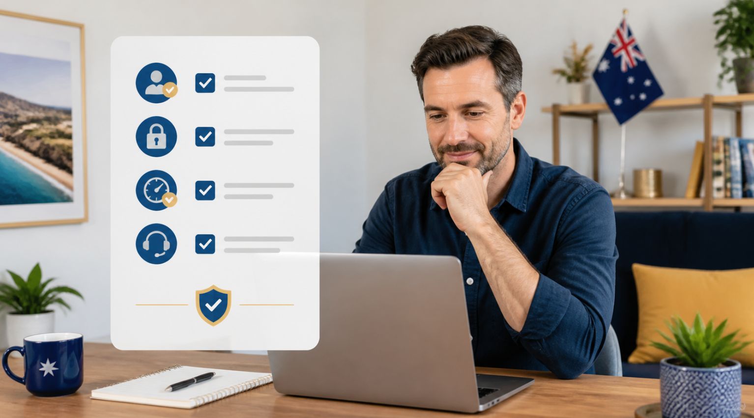 Australian player reviewing online casino safety, account verification, secure payments and responsible gambling checks.